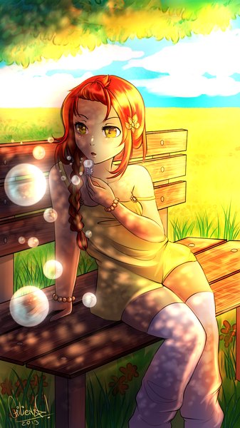 Anime picture 1080x1920 with original chilienn (artist) single long hair tall image open mouth sitting bare shoulders yellow eyes looking away sky cloud (clouds) braid (braids) hair flower orange hair shadow girl dress hair ornament flower (flowers)