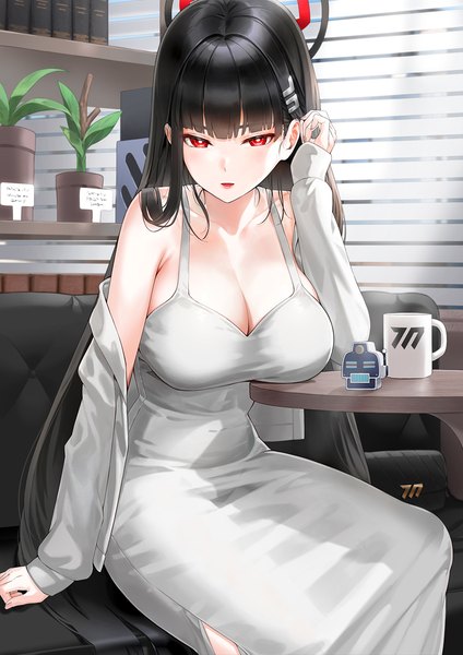 Anime-Bild 905x1280 mit blue archive rio (blue archive) kfr single tall image looking at viewer fringe breasts open mouth light erotic black hair red eyes large breasts bare shoulders cleavage indoors long sleeves very long hair hair over one eye off shoulder