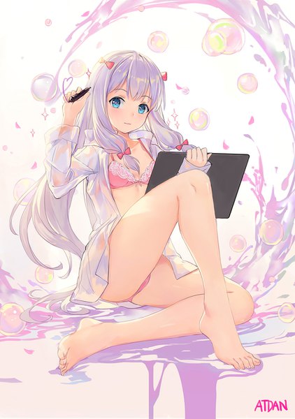 Anime picture 900x1279 with eromanga sensei a-1 pictures izumi sagiri atdan single long hair tall image looking at viewer blue eyes light erotic simple background signed silver hair full body bent knee (knees) barefoot bare legs pantyshot open shirt gradient background