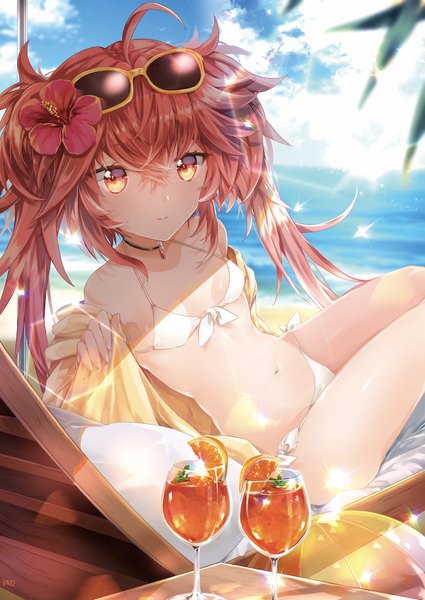 Anime picture 708x1000 with fate (series) fate/grand order sita (fate/grand order) satoimo (3311 mi) single long hair tall image looking at viewer blush fringe breasts light erotic hair between eyes sitting twintails bare shoulders signed payot sky cloud (clouds)