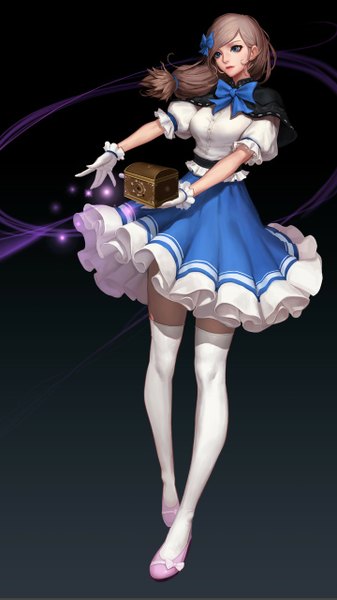 Anime-Bild 720x1280 mit cyphers single long hair tall image breasts blue eyes brown hair ahoge head tilt lips short sleeves midriff zettai ryouiki puffy sleeves outstretched arm magic dark background girl thighhighs dress