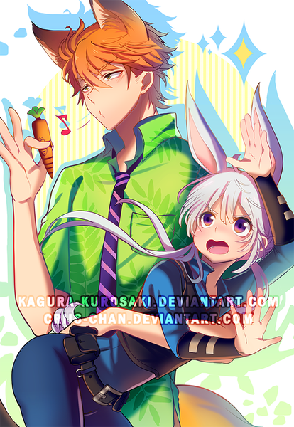 Anime picture 620x898 with zootopia disney judy hopps nick wilde kagura kurosaki criis-chan long hair tall image blush fringe short hair open mouth hair between eyes standing twintails purple eyes holding green eyes signed animal ears