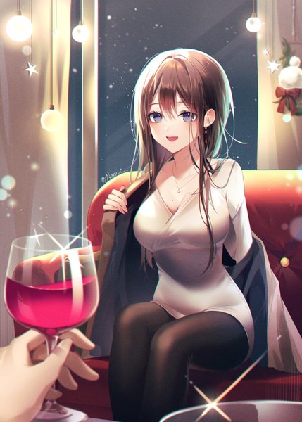 Anime picture 2926x4096 with original naru long hair tall image looking at viewer blush fringe highres breasts open mouth blue eyes smile hair between eyes brown hair large breasts sitting holding signed cleavage bent knee (knees)