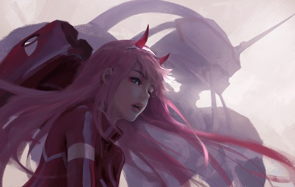 Anime picture 4000x2533 with darling in the franxx studio trigger zero two (darling in the franxx) strelizia wlop single long hair highres open mouth blue eyes looking away pink hair absurdres horn (horns) lips from below fang (fangs) floating hair eyeshadow makeup