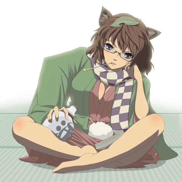 Anime picture 1800x1800 with touhou futatsuiwa mamizou kugi (kugi-xiv) single looking at viewer blush fringe highres short hair simple background brown hair sitting animal ears traditional clothes japanese clothes barefoot black eyes arm support indian style raccoon ears
