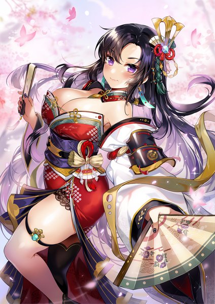 Anime picture 965x1364 with sengoku fubu gijang single tall image looking at viewer blush fringe breasts light erotic black hair smile hair between eyes large breasts standing purple eyes bare shoulders holding payot cleavage bent knee (knees)