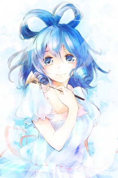 Anime picture 1001x1500 with touhou kaku seiga makuwauri single tall image blush short hair blue eyes simple background smile blue hair cleavage drill hair girl dress frills bell