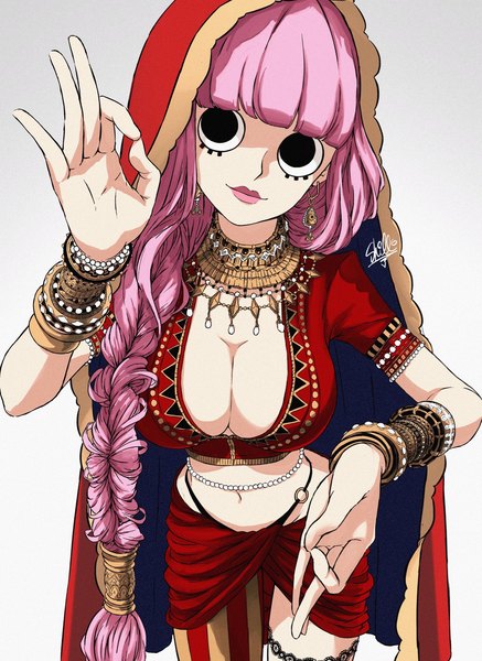 Anime picture 1493x2048 with one piece toei animation perona sherumaru (korcht06) single long hair tall image looking at viewer fringe breasts light erotic simple background smile large breasts standing signed pink hair cleavage blunt bangs braid (braids)