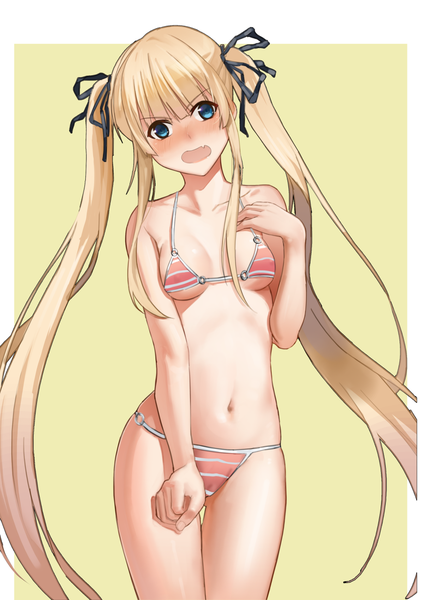 Anime picture 919x1299 with saenai heroine no sodatekata a-1 pictures sawamura spencer eriri seinen single tall image looking at viewer blush fringe breasts open mouth blue eyes light erotic simple background blonde hair twintails very long hair head tilt fingernails teeth
