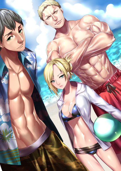 Anime picture 2000x2824 with shingeki no kyojin production i.g annie leonhart bertolt hoover reiner braun rahato tall image looking at viewer fringe highres short hair breasts light erotic black hair blonde hair hair between eyes large breasts bare shoulders holding green eyes