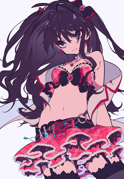 Anime picture 1708x2456 with idolmaster idolmaster cinderella girls idolmaster cinderella girls starlight stage ichinose shiki mochizuki kei single long hair tall image looking at viewer highres breasts blue eyes black hair simple background bare shoulders cleavage pleated skirt wind off shoulder grey background