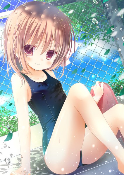 Anime picture 1000x1414 with original moe2017 shiiba nae single tall image looking at viewer blush short hair light erotic blonde hair smile red eyes sitting sky cloud (clouds) arm support girl swimsuit one-piece swimsuit school swimsuit