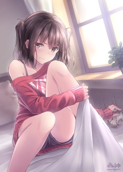 Anime picture 863x1200 with kantai collection sendai light cruiser morigami (morigami no yashiro) single tall image looking at viewer blush fringe short hair brown hair sitting bare shoulders holding brown eyes payot bent knee (knees) indoors long sleeves head tilt off shoulder