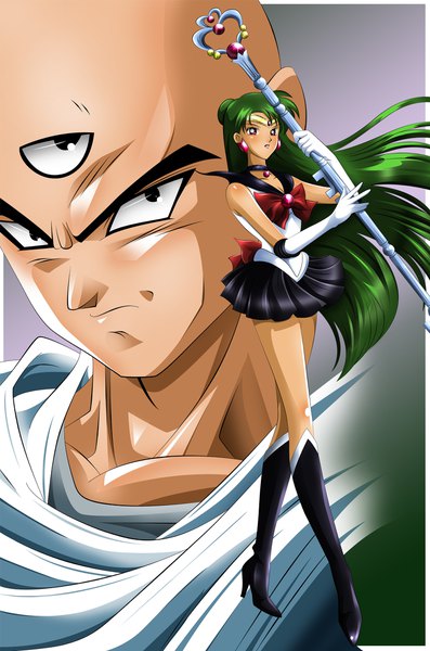 Anime picture 1500x2264 with bishoujo senshi sailor moon dragon ball toei animation meiou setsuna sailor pluto tenshinhan queen-vegeta69 (pink ranger) long hair tall image looking at viewer red eyes pleated skirt green hair hair bun (hair buns) high heels sailor collar bald girl boy skirt