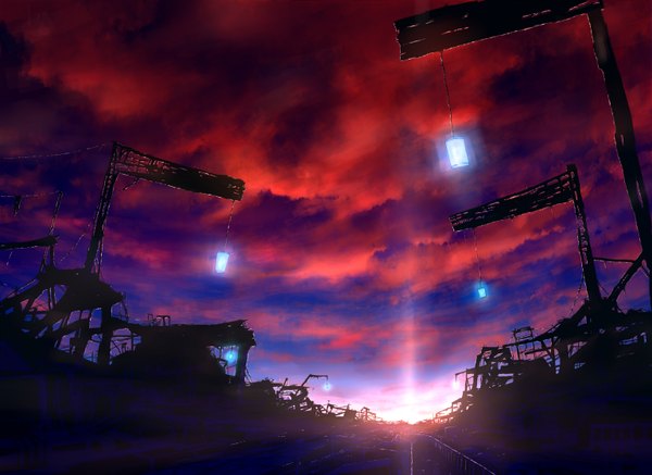 Anime picture 1536x1120 with original mks sky cloud (clouds) sunlight evening sunset no people landscape lantern