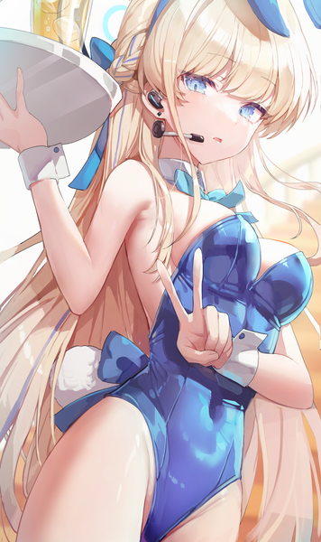 Anime picture 2806x4724 with blue archive toki (blue archive) toki (bunny) (blue archive) misyune single tall image looking at viewer fringe highres breasts blue eyes light erotic blonde hair animal ears tail blunt bangs very long hair animal tail bunny ears official alternate costume