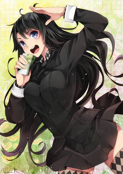 Anime picture 650x922 with original inma r. single long hair tall image breasts open mouth black hair smile large breasts purple eyes pleated skirt arched back salute girl thighhighs skirt uniform school uniform money