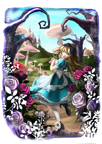 Anime picture 707x1000 with alice in wonderland alice (wonderland) ri-ko (artist) long hair tall image open mouth blue eyes sky cloud (clouds) looking back sunlight puffy sleeves girl dress flower (flowers) bow plant (plants) hair bow animal pantyhose