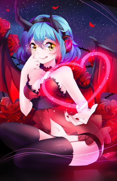 Anime picture 776x1200 with original phyrnna (squadra) squchan single long hair tall image light erotic yellow eyes blue hair bent knee (knees) nail polish multicolored hair horn (horns) night night sky gradient hair demon wings licking girl thighhighs