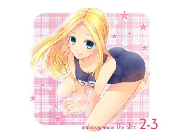 Anime picture 1280x960 with arakawa under the bridge shaft (studio) nino single long hair looking at viewer blue eyes light erotic simple background blonde hair sitting bare shoulders light smile inscription girl swimsuit star (symbol) one-piece swimsuit school swimsuit