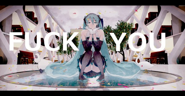Anime picture 1920x1001 with vocaloid hatsune miku tazuma (u283) single fringe highres light erotic hair between eyes wide image twintails bare shoulders full body very long hair pleated skirt aqua eyes aqua hair arm support pantyshot text reflection