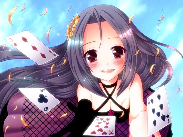 Anime picture 1600x1200 with idolmaster miura azusa meiya neon long hair blush black hair smile red eyes bare shoulders girl gloves hair ornament petals elbow gloves card (cards)