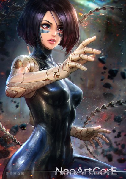 Anime picture 800x1132 with battle angel alita gally nudtawut thongmai single tall image short hair breasts red eyes looking away purple hair parted lips lips realistic girl bodysuit stone (stones) android