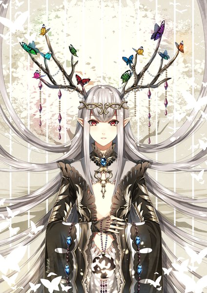 Anime picture 636x900 with original arakunae single long hair tall image blush fringe hair between eyes red eyes signed payot parted lips horn (horns) pointy ears grey hair wide sleeves crossed arms androgynous antlers pendant