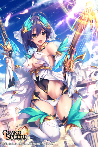 Anime picture 680x1020 with grand sphere fukai ryosuke single tall image looking at viewer blush fringe short hair breasts open mouth light erotic smile hair between eyes standing bare shoulders holding yellow eyes payot blue hair sky