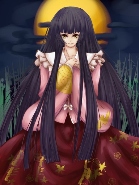 Anime picture 1200x1600 with touhou houraisan kaguya untue single long hair tall image black hair yellow eyes night girl moon
