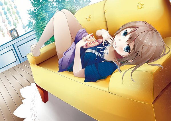 Anime picture 1000x708 with original shinonome ren single looking at viewer blush short hair blue eyes brown hair lying girl sweets couch cake plate