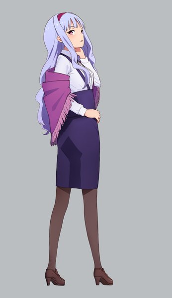 Anime picture 968x1679 with idolmaster shijou takane yahiro (epicopeiidae) single long hair tall image looking at viewer fringe simple background purple hair parted lips pink eyes looking back grey background arm around neck girl pantyhose headband blouse shawl