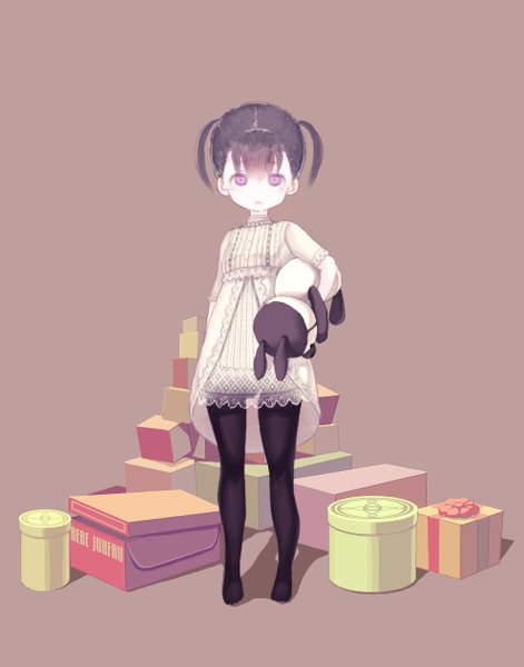 Anime picture 992x1262 with original hyotan (artist) single tall image looking at viewer blush fringe short hair simple background standing purple eyes twintails holding purple hair shadow no shoes short twintails girl dress pantyhose