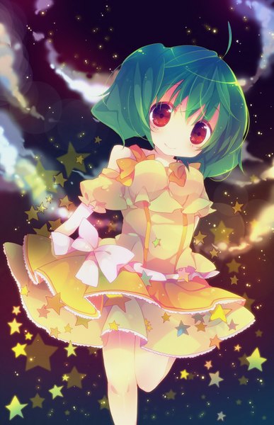 Anime picture 1033x1600 with macross macross frontier ranka lee ana (rznuscrf) single tall image short hair smile red eyes ahoge green hair loli girl dress bow star (symbol)