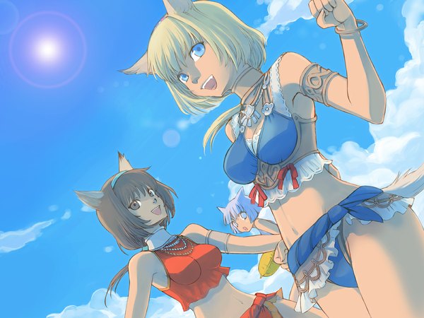Anime picture 1024x768 with final fantasy final fantasy xi square enix mithra takatsuki kahiro breasts blue eyes light erotic blonde hair smile brown hair purple eyes multiple girls brown eyes animal ears sky cleavage purple hair cloud (clouds) tail