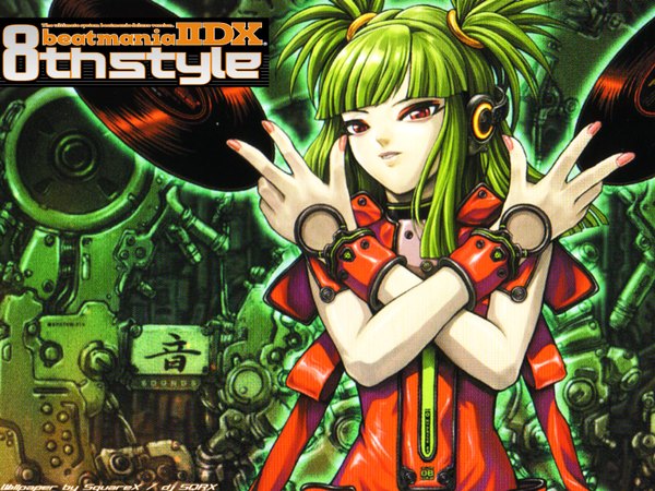 Anime picture 1600x1200 with beatmania tagme (character) single red eyes twintails green hair short twintails mechanical girl headphones