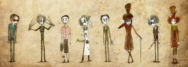 Anime picture 1682x600 with sweeney todd mad hatter edward scissorhands (character) willy wonka jhonny depp tim burton baisen mushi (artist) wide image red hair group boy sunglasses top hat scissors robe ed wood