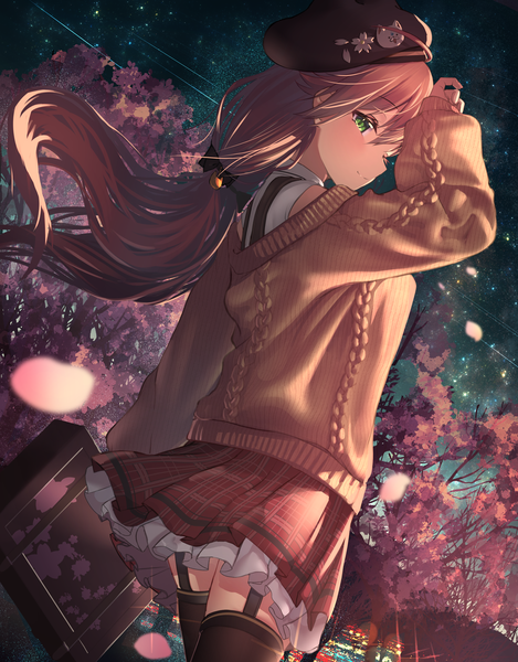 Anime picture 3368x4308 with virtual youtuber hololive sakura miko sakura miko (casual) inaba teitoku single long hair tall image looking at viewer fringe highres hair between eyes brown hair twintails green eyes absurdres arm up low twintails cherry blossoms turning head