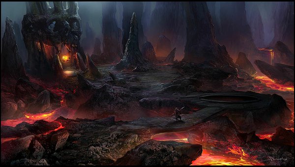 Anime picture 1110x632 with makarori (noah) wide image landscape scenic rock lava cave molten rock