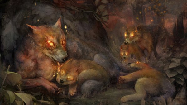 Anime picture 2560x1440 with dragon's crown vanillaware highres wide image yellow eyes lying eyes closed licking demon plant (plants) animal tree (trees) grass forest fox