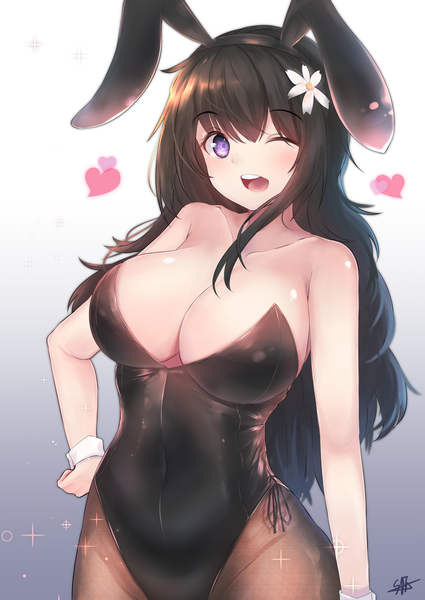 Anime picture 2150x3035 with original hiromaster sinta jh single long hair tall image looking at viewer blush fringe highres breasts open mouth light erotic black hair simple background hair between eyes large breasts standing purple eyes bare shoulders signed
