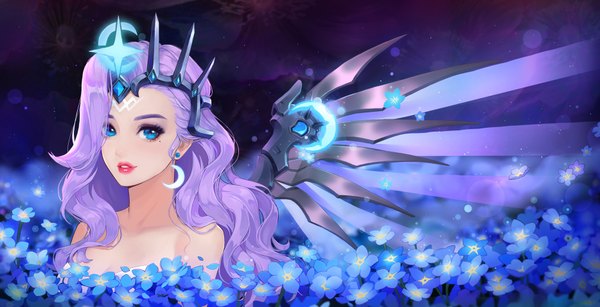 Anime picture 1867x956 with overwatch blizzard entertainment mercy (overwatch) atlantic mercy qi kou single long hair looking at viewer highres blue eyes smile wide image bare shoulders purple hair upper body mole mole under eye lipstick eyeshadow red lipstick
