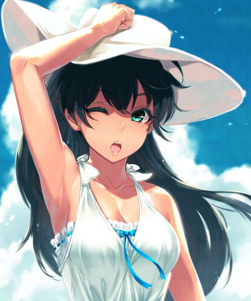 Anime picture 1250x1500 with idolmaster ganaha hibiki mikel (4hands) single long hair tall image looking at viewer fringe breasts open mouth black hair hair between eyes bare shoulders sky cleavage cloud (clouds) outdoors one eye closed arm up aqua eyes