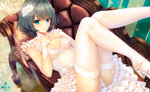 Anime picture 2000x1231 with idolmaster idolmaster cinderella girls takagaki kaede infinote single looking at viewer blush fringe highres short hair breasts blue eyes light erotic hair between eyes brown hair wide image cleavage lying nail polish hair flower