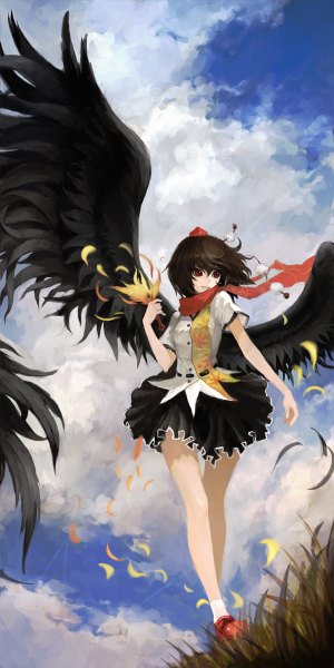 Anime picture 600x1200 with touhou shameimaru aya fenrir (weir) single tall image smile red eyes holding looking away sky cloud (clouds) wind from below legs black wings skirt plant (plants) hat shirt wings