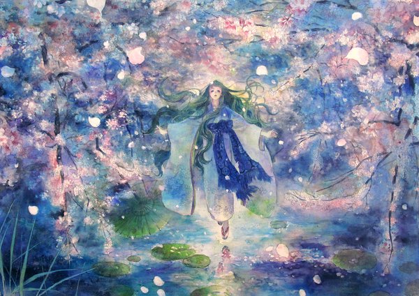 Anime picture 2003x1416 with original oyabin single long hair highres black hair japanese clothes cherry blossoms spread arms traditional media watercolor (medium) lake girl petals umbrella water lily