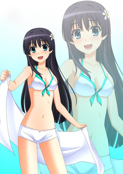 Anime picture 920x1300 with to aru kagaku no railgun to aru majutsu no index j.c. staff saten ruiko kenken long hair tall image blush open mouth blue eyes light erotic black hair midriff zoom layer girl navel swimsuit bikini shorts