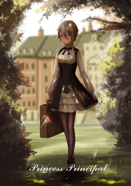 Anime picture 1748x2480 with princess principal ange (princess principal) yurichtofen single tall image highres short hair blue eyes hair between eyes brown hair standing holding looking away sky full body outdoors sunlight blurry shadow depth of field