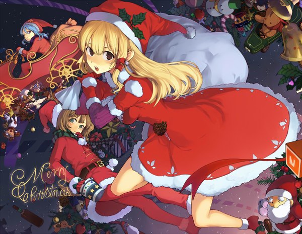 Anime picture 1400x1085 with original santa claus aki (mare desiderii) long hair open mouth blonde hair brown hair multiple girls blue hair fur trim christmas winter merry christmas riding girl gloves scarf fur 3 girls toy