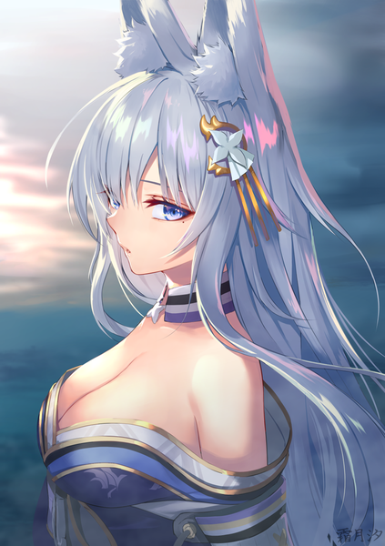 Anime picture 1000x1417 with azur lane shinano (azur lane) shimozuki shio single long hair tall image looking at viewer fringe breasts blue eyes light erotic hair between eyes large breasts standing bare shoulders animal ears sky cleavage silver hair cloud (clouds)